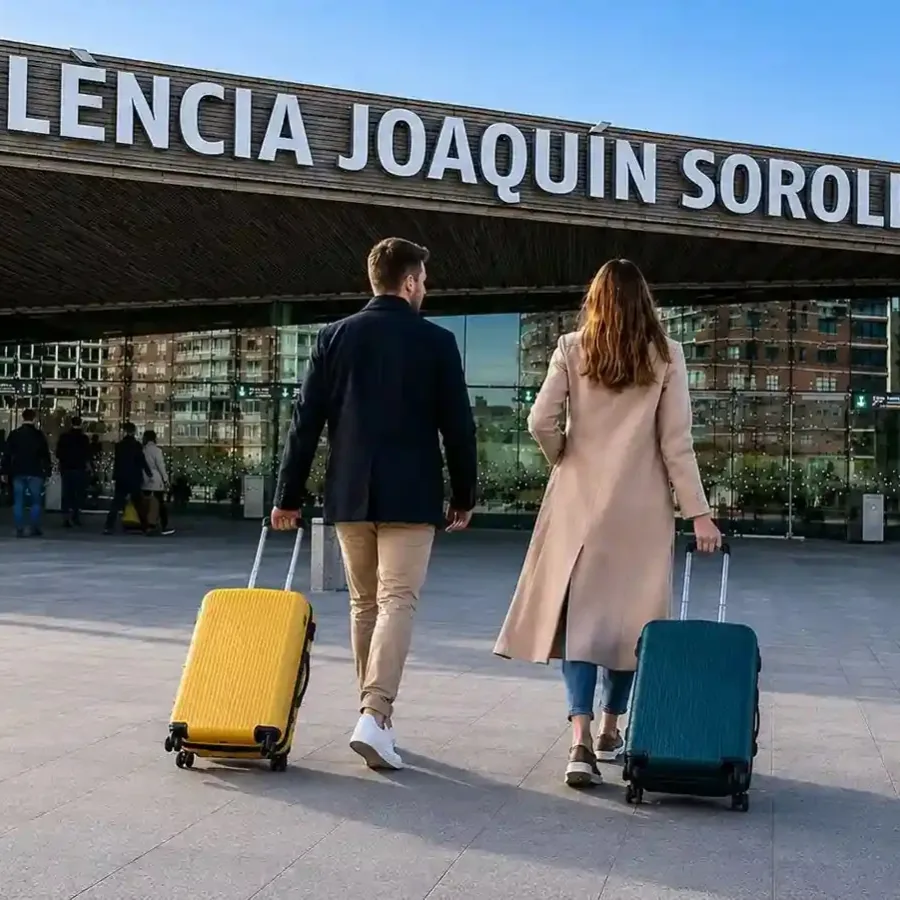 Pareja con maletas llegando a la estación Joaquín Sorolla de Valencia para dejar su equipaje en consigna