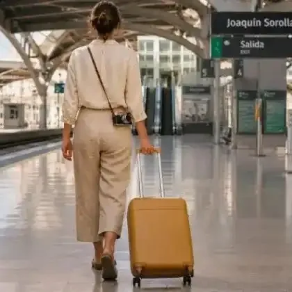 Viajera con maleta en el andén de la estación Joaquín Sorolla, cerca de la consigna de equipaje en Valencia